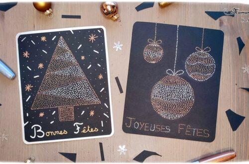 Activité créative et manuelle enfants -Cartes de voeux en pointillisme - Sapin et Boules de Noël en petits points - Marqueurs métalliques - Cartes de voeux DIY - Art thérapie et relaxation - Noir, doré et argent - Graphisme et cadre - - Joyeux noël - fêtes de fin d'année, hiver - Inspiration DIY pour carte de voeux ou de fin d'année - Végétaux et arbres - Noël et Hiver - Créativité - arts visuels et atelier maternelle et élémentaire - Cycle 1 ou 2 - mslf