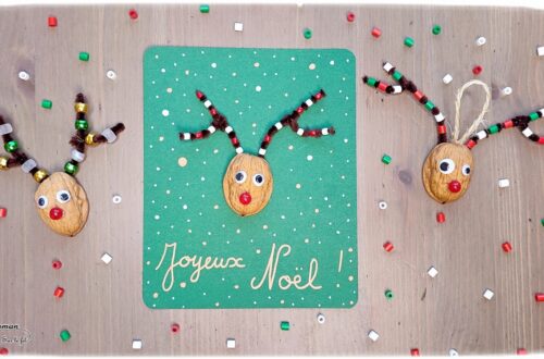 Activité créative et manuelle enfants -Fabriquer des rennes de Noël avec des coquilles de noix, des fils chenille et des perles - Rodolphe avec des bois décorés - Carte de voeux DIY, suspensions pour le sapin ou décoration de Noël - Graphisme - Motricité fine - Joyeux noël - fêtes de fin d'année, hiver - Inspiration DIY pour carte de voeux ou de fin d'année - Animaux du froid - Noël et Hiver - Bricolage facile - Décoration - Créativité - arts visuels et atelier maternelle et élémentaire - Cycle 1 ou 2 - mslf