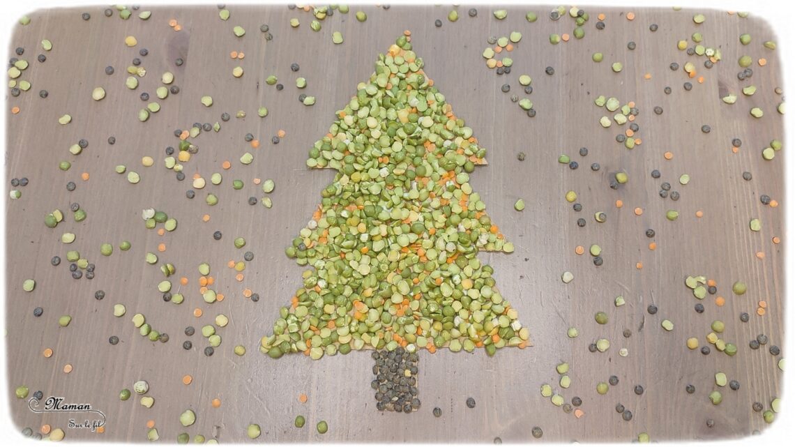 Activité créative et manuelle enfants - Fabriquer un sapin en graines collées - Collage de lentilles brunes, vertes, corail et pois cassés - Sapin et carte à toucher - Récup de carton - Recyclage - Sensoriel - Inspiration DIY pour fin d'année - Végétaux et arbres - Noël et Hiver - Bricolage facile - Décoration - Créativité - arts visuels et atelier maternelle et élémentaire - Cycle 1 ou 2 - mslf