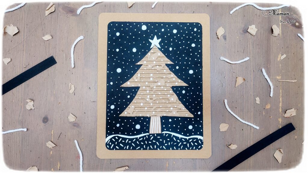 Activité créative et manuelle enfants - Fabriquer un sapin avec du carton ondulé déchiré - Récup' et Recyclage - Découpage collage Graphisme et motricité fine - Carton, noir et blanc - Inspiration DIY pour carte de voeux ou de fin d'année - Végétaux et arbres - Noël et Hiver - Bricolage facile - Décoration - Créativité - arts visuels et atelier maternelle et élémentaire - Cycle 1 ou 2 - mslf