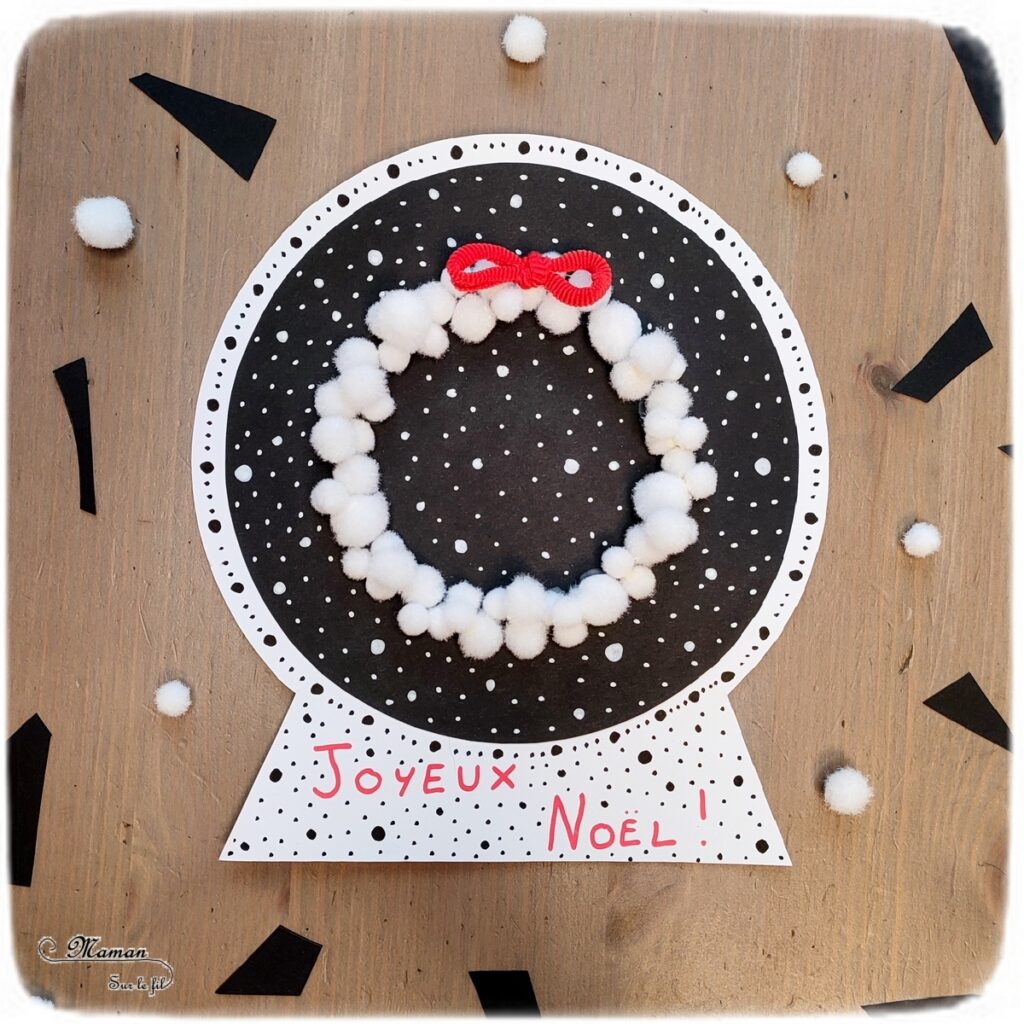 Activité créative et manuelle enfants -Cartes de voeux - Boule à neige et couronne de Noël blanche - Papier noir et blanc - Pompons blancs - Noeud en élastiques rouges - Carte tout en rondeur - Graphisme et Points - Cercles et collage - Cartes de voeux DIY - Joyeux noël - fêtes de fin d'année, hiver - Inspiration DIY pour carte de voeux ou de fin d'année - Noël et Hiver - Créativité - arts visuels et atelier maternelle et élémentaire - Cycle 1 ou 2 - mslf