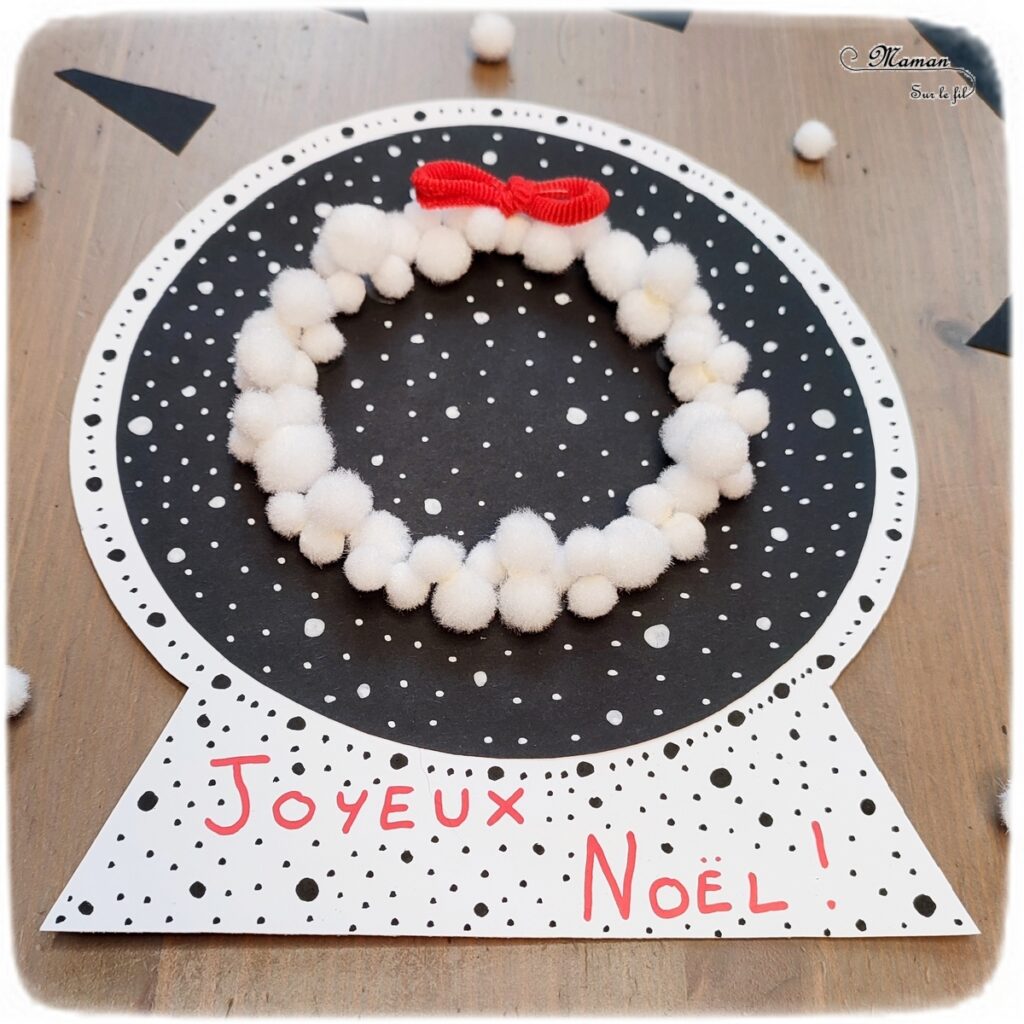 Activité créative et manuelle enfants -Cartes de voeux - Boule à neige et couronne de Noël blanche - Papier noir et blanc - Pompons blancs - Noeud en élastiques rouges - Carte tout en rondeur - Graphisme et Points - Cercles et collage - Cartes de voeux DIY - Joyeux noël - fêtes de fin d'année, hiver - Inspiration DIY pour carte de voeux ou de fin d'année - Noël et Hiver - Créativité - arts visuels et atelier maternelle et élémentaire - Cycle 1 ou 2 - mslf