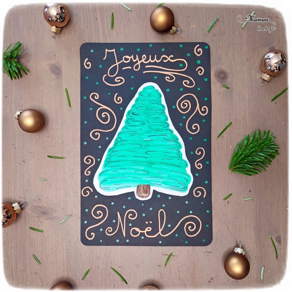 Activité créative et manuelle enfants - Fabriquer des cartes de voeux Sapins en peinture type aquarelle et traits noirs - Dessin des contours, mise en relief - Graphisme - Découpage, collage - Joyeux noël - fêtes de fin d'année, hiver - Noir et blanc - Inspiration DIY pour carte de voeux ou de fin d'année - Végétaux et arbres - Noël et Hiver - Bricolage facile - Décoration - Créativité - arts visuels et atelier maternelle et élémentaire - Cycle 1 ou 2 - mslf