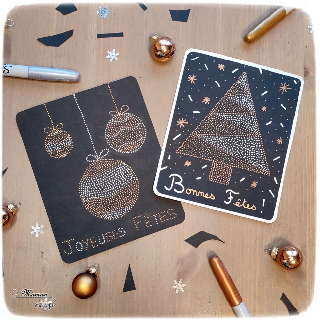 Activité créative et manuelle enfants -Cartes de voeux en pointillisme - Sapin et Boules de Noël en petits points - Marqueurs métalliques - Cartes de voeux DIY - Art thérapie et relaxation - Noir, doré et argent - Graphisme et cadre - - Joyeux noël - fêtes de fin d'année, hiver - Inspiration DIY pour carte de voeux ou de fin d'année - Végétaux et arbres - Noël et Hiver - Créativité - arts visuels et atelier maternelle et élémentaire - Cycle 1 ou 2 - mslf