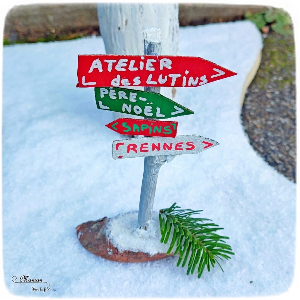 Activité créative et manuelle enfants - Fabriquer des panneaux de Noël DIY - Bricolage en récup' Fait maison - Signalisation de Laponie : maison du Père Noël, atelier des lutins, écurie des rennes, vente de sapins - Décoration de table ou de salon pour Noël et Fêtes de fin d'année - recyclage bois, nature, vieux meuble et carton - Peinture et dessin - Fausse neige - Inspiration DIY pour décorations de Noël - Bricolage facile - Décoration - Créativité - arts visuels et atelier maternelle et élémentaire - Cycle 1 ou 2 - mslf