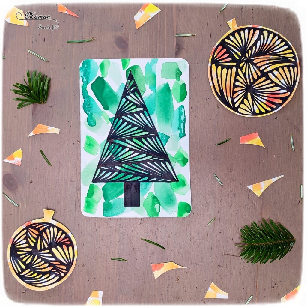 Activité créative et manuelle enfants -Sapin et Boules de Noël en Zen Art - Cartes de voeux DIY - Art thérapie et relaxation - Fond en peinture au pinceau - dégradés de couleurs - aquarelle et dessins noirs - Graphisme - Découpage, collage - Joyeux noël - fêtes de fin d'année, hiver - Inspiration DIY pour carte de voeux ou de fin d'année - Végétaux et arbres - Noël et Hiver - Bricolage facile - Décoration - Créativité - arts visuels et atelier maternelle et élémentaire - Cycle 1 ou 2 - mslf