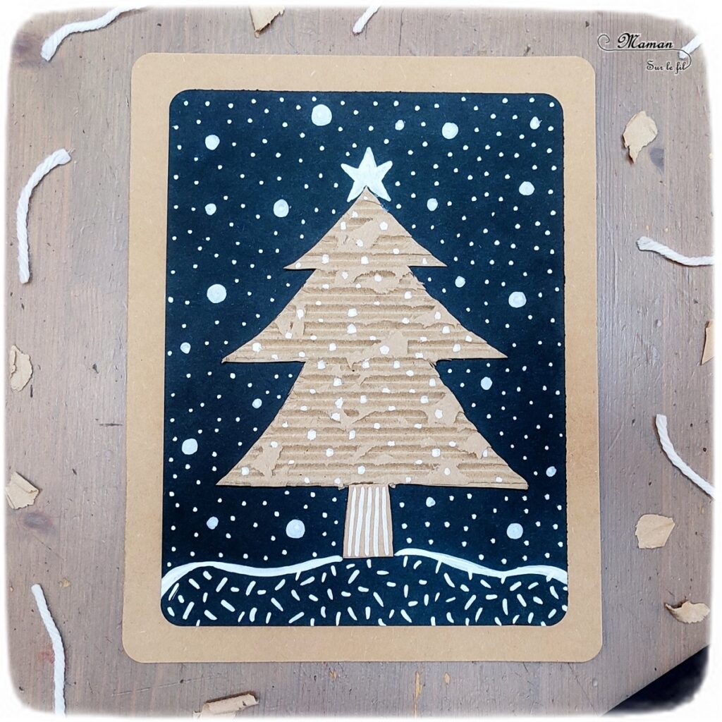 Activité créative et manuelle enfants - Fabriquer un sapin avec du carton ondulé déchiré - Récup' et Recyclage - Découpage collage Graphisme et motricité fine - Carton, noir et blanc - Inspiration DIY pour carte de voeux ou de fin d'année - Végétaux et arbres - Noël et Hiver - Bricolage facile - Décoration - Créativité - arts visuels et atelier maternelle et élémentaire - Cycle 1 ou 2 - mslf