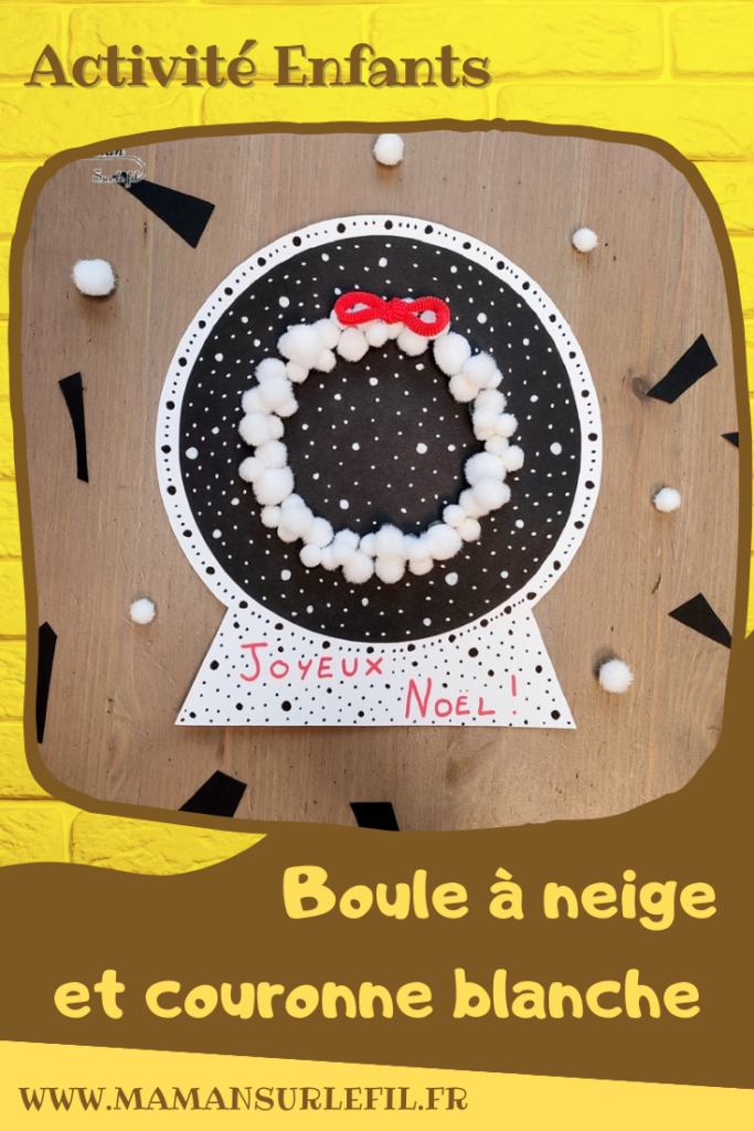 Activité créative et manuelle enfants -Cartes de voeux - Boule à neige et couronne de Noël blanche - Papier noir et blanc - Pompons blancs - Noeud en élastiques rouges - Carte tout en rondeur - Graphisme et Points - Cercles et collage - Cartes de voeux DIY - Joyeux noël - fêtes de fin d'année, hiver - Inspiration DIY pour carte de voeux ou de fin d'année - Noël et Hiver - Créativité - arts visuels et atelier maternelle et élémentaire - Cycle 1 ou 2 - mslf