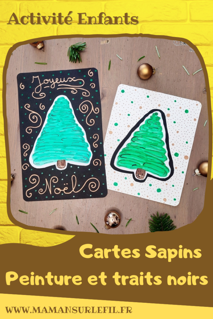 Activité créative et manuelle enfants - Fabriquer des cartes de voeux Sapins en peinture type aquarelle et traits noirs - Dessin des contours, mise en relief - Graphisme - Découpage, collage - Joyeux noël - fêtes de fin d'année, hiver - Noir et blanc - Inspiration DIY pour carte de voeux ou de fin d'année - Végétaux et arbres - Noël et Hiver - Bricolage facile - Décoration - Créativité - arts visuels et atelier maternelle et élémentaire - Cycle 1 ou 2 - mslf