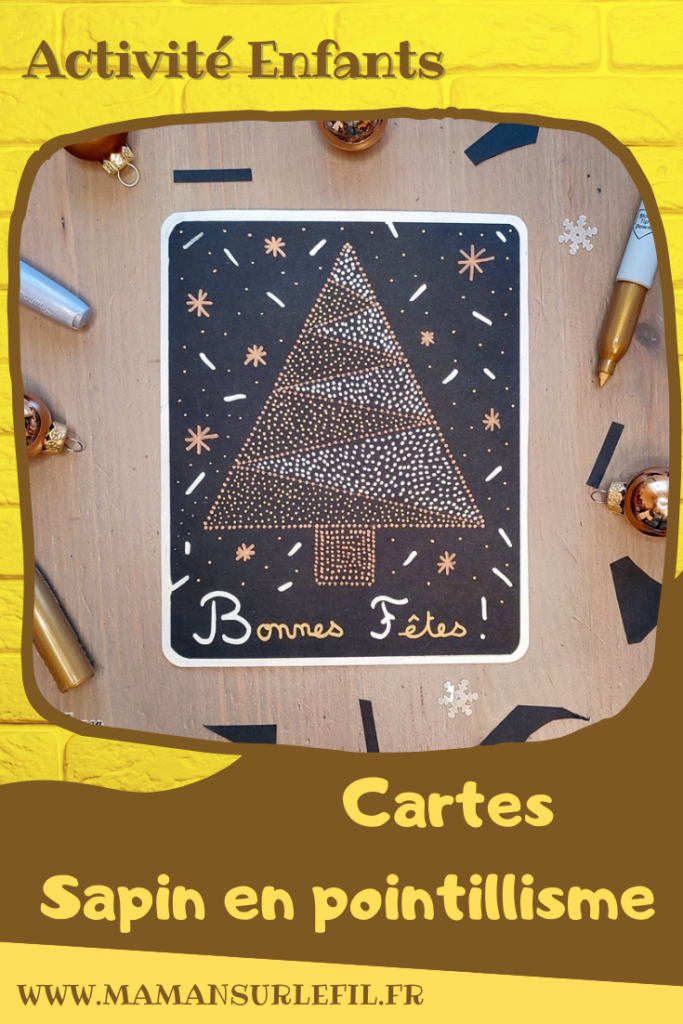 Activité créative et manuelle enfants -Cartes de voeux en pointillisme - Sapin et Boules de Noël en petits points - Marqueurs métalliques - Cartes de voeux DIY - Art thérapie et relaxation - Noir, doré et argent - Graphisme et cadre - - Joyeux noël - fêtes de fin d'année, hiver - Inspiration DIY pour carte de voeux ou de fin d'année - Végétaux et arbres - Noël et Hiver - Créativité - arts visuels et atelier maternelle et élémentaire - Cycle 1 ou 2 - mslf