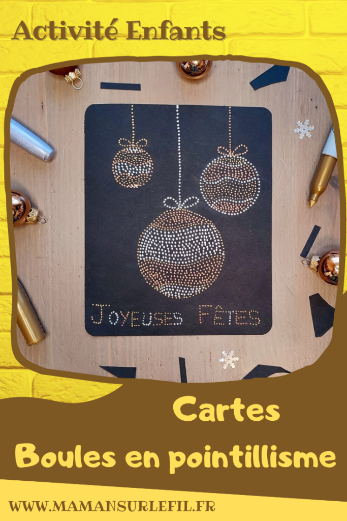 Activité créative et manuelle enfants -Cartes de voeux en pointillisme - Sapin et Boules de Noël en petits points - Marqueurs métalliques - Cartes de voeux DIY - Art thérapie et relaxation - Noir, doré et argent - Graphisme et cadre - - Joyeux noël - fêtes de fin d'année, hiver - Inspiration DIY pour carte de voeux ou de fin d'année - Végétaux et arbres - Noël et Hiver - Créativité - arts visuels et atelier maternelle et élémentaire - Cycle 1 ou 2 - mslf