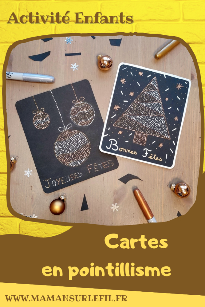 Activité créative et manuelle enfants -Cartes de voeux en pointillisme - Sapin et Boules de Noël en petits points - Marqueurs métalliques - Cartes de voeux DIY - Art thérapie et relaxation - Noir, doré et argent - Graphisme et cadre - - Joyeux noël - fêtes de fin d'année, hiver - Inspiration DIY pour carte de voeux ou de fin d'année - Végétaux et arbres - Noël et Hiver - Créativité - arts visuels et atelier maternelle et élémentaire - Cycle 1 ou 2 - mslf