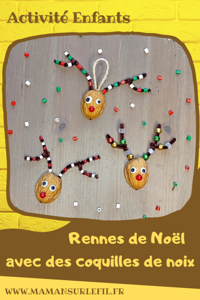 Activité créative et manuelle enfants -Fabriquer des rennes de Noël avec des coquilles de noix, des fils chenille et des perles - Rodolphe avec des bois décorés - Carte de voeux DIY, suspensions pour le sapin ou décoration de Noël - Graphisme - Motricité fine - Joyeux noël - fêtes de fin d'année, hiver - Inspiration DIY pour carte de voeux ou de fin d'année - Animaux du froid - Noël et Hiver - Bricolage facile - Décoration - Créativité - arts visuels et atelier maternelle et élémentaire - Cycle 1 ou 2 - mslf