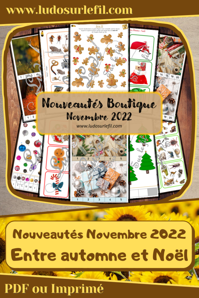 Nouveautés novembre 2022 - Boutique en ligne Ludo sur le fil - fichiers jeux pdf à télécharger et imprimer ou jeux imprimés envoyés à domicile - Animaux de la forêt, automne, Noël et avent - Puzzles numériques, jeu des doubles type Dobble, association dessins / photos, livrets enquête de l'avent, jeux, activités - atelier autocorrectif multi niveaux donc progressif - Vocabulaire, lexique - Maternelle Cycle 2 - Autonomie - mslf