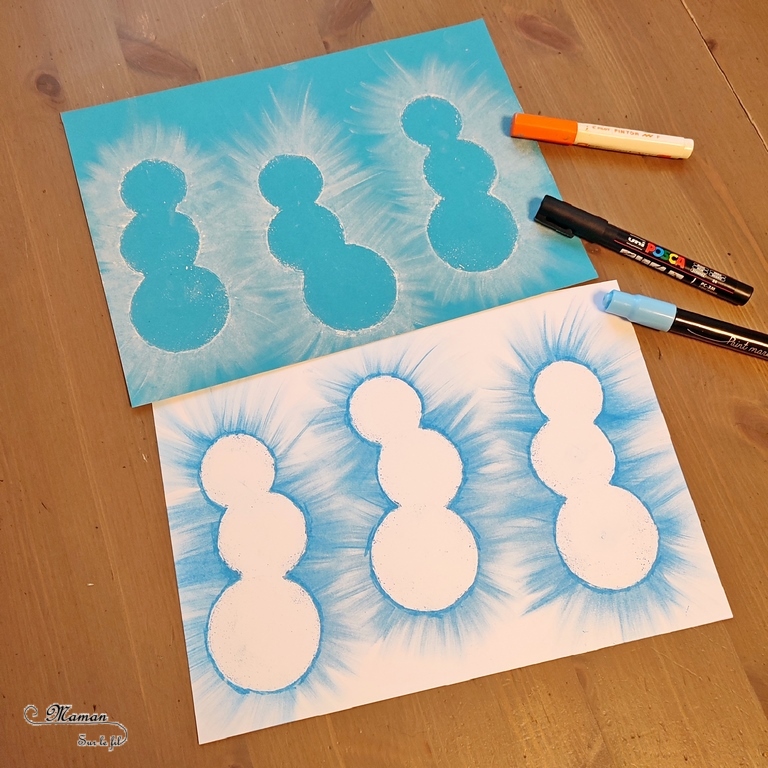 Activité créative et manuelle enfants -Créer des bonhommes de neige au pastel étalé au doigt - Forme créée avec plusieurs cercles de papier utilisés comme pochoir - Sensoriel - Effet lumineux - Dessin et graphisme - Hiver, banquise, froid, neige - Arts visuels Maternelle et élémentaire - Créativité - Cycle 1 ou 2 - mslf