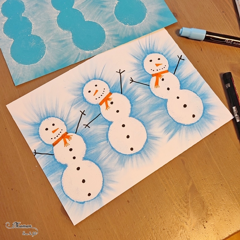 Activité créative et manuelle enfants -Créer des bonhommes de neige au pastel étalé au doigt - Forme créée avec plusieurs cercles de papier utilisés comme pochoir - Sensoriel - Effet lumineux - Dessin et graphisme - Hiver, banquise, froid, neige - Arts visuels Maternelle et élémentaire - Créativité - Cycle 1 ou 2 - mslf