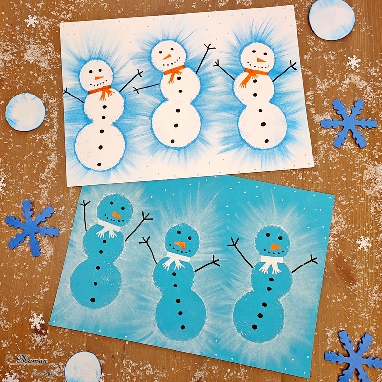 Activité créative et manuelle enfants -Créer des bonhommes de neige au pastel étalé au doigt - Forme créée avec plusieurs cercles de papier utilisés comme pochoir - Sensoriel - Effet lumineux - Dessin et graphisme - Hiver, banquise, froid, neige - Arts visuels Maternelle et élémentaire - Créativité - Cycle 1 ou 2 - mslf