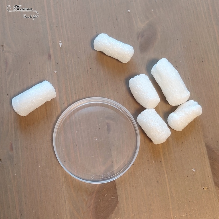 Activité créative et manuelle enfants -Fabriquer des bonhommes de neige sensoriels en récup' - Bouchons en plastique de Boite de chips type Pringles - Matériel créatif divers - haricots blancs, fausse neige, flocons, pompons, playmais, coton - Accessoires en feutrine et perles - Collage et art éphémère - Hiver, banquise, froid, neige - Arts visuels Maternelle et élémentaire - Créativité - Cycle 1 ou 2 - mslf