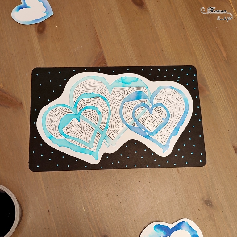 Activité créative et manuelle enfants -Des coeurs hivernaux avec technique Encre et Eau - Cœurs comme pochoirs - Rendu aquarelle - Graphismes et zen art pour habiller le tout - art thérapie - couleurs Hiver et Saint-valentin - Dessin et graphisme - Thème Hiver, banquise, Saint valentin, amour - Arts visuels Maternelle et élémentaire - Créativité - Cycle 1 ou 2 - mslf