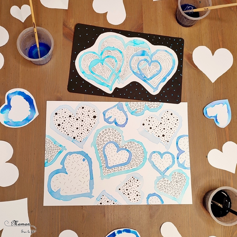 Activité créative et manuelle enfants -Des coeurs hivernaux avec technique Encre et Eau - Cœurs comme pochoirs - Rendu aquarelle - Graphismes et zen art pour habiller le tout - art thérapie - couleurs Hiver et Saint-valentin - Dessin et graphisme - Thème Hiver, banquise, Saint valentin, amour - Arts visuels Maternelle et élémentaire - Créativité - Cycle 1 ou 2 - mslf