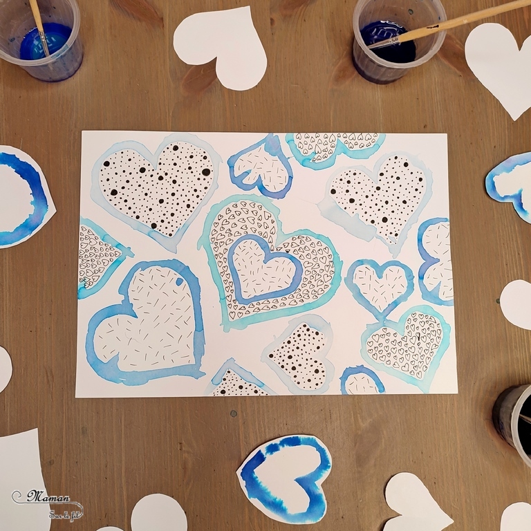 Activité créative et manuelle enfants -Des coeurs hivernaux avec technique Encre et Eau - Cœurs comme pochoirs - Rendu aquarelle - Graphismes et zen art pour habiller le tout - art thérapie - couleurs Hiver et Saint-valentin - Dessin et graphisme - Thème Hiver, banquise, Saint valentin, amour - Arts visuels Maternelle et élémentaire - Créativité - Cycle 1 ou 2 - mslf