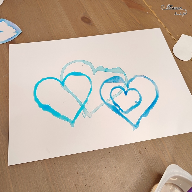 Activité créative et manuelle enfants -Des coeurs hivernaux avec technique Encre et Eau - Cœurs comme pochoirs - Rendu aquarelle - Graphismes et zen art pour habiller le tout - art thérapie - couleurs Hiver et Saint-valentin - Dessin et graphisme - Thème Hiver, banquise, Saint valentin, amour - Arts visuels Maternelle et élémentaire - Créativité - Cycle 1 ou 2 - mslf