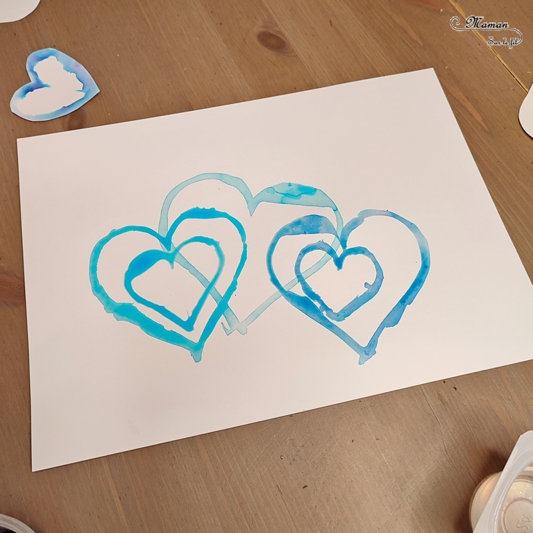 Activité créative et manuelle enfants -Des coeurs hivernaux avec technique Encre et Eau - Cœurs comme pochoirs - Rendu aquarelle - Graphismes et zen art pour habiller le tout - art thérapie - couleurs Hiver et Saint-valentin - Dessin et graphisme - Thème Hiver, banquise, Saint valentin, amour - Arts visuels Maternelle et élémentaire - Créativité - Cycle 1 ou 2 - mslf