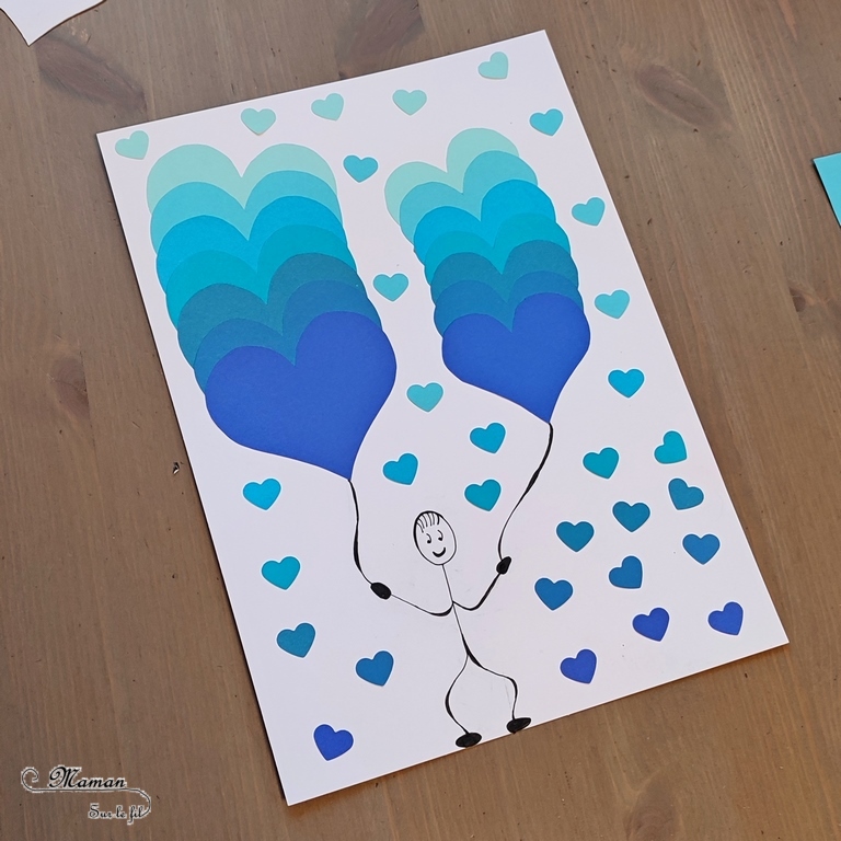 Activité créative et manuelle enfants -Des coeurs hivernaux en dégradé de bleus - Découpage et collage - Travail autour des couleurs et leurs nuances - Entre Saint-valentin, amour, froid et hiver - Dessin bonhomme - ballons - Perforatrice Cœurs - - Arts visuels Maternelle et élémentaire - Créativité - Cycle 1 ou 2 - mslf