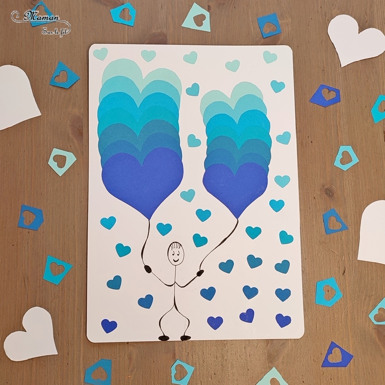 Activité créative et manuelle enfants -Des coeurs hivernaux en dégradé de bleus - Découpage et collage - Travail autour des couleurs et leurs nuances - Entre Saint-valentin, amour, froid et hiver - Dessin bonhomme - ballons - Perforatrice Cœurs - - Arts visuels Maternelle et élémentaire - Créativité - Cycle 1 ou 2 - mslf