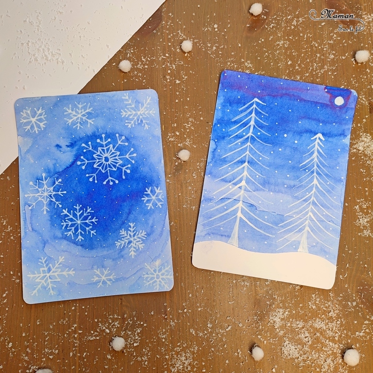 Activité créative et manuelle enfants -Tableaux hivernaux en dégradés de bleu, encre - Flocons et paysage enneigé - Nuit - Sapins, neige et lune - Dégradé en ligne et en cercle - Dessins et graphismes au Posca - Thème Hiver, Forêt, froid, neige - Arts visuels Maternelle et élémentaire - Technique de peinture - Créativité - Cycle 1 ou 2 - mslf