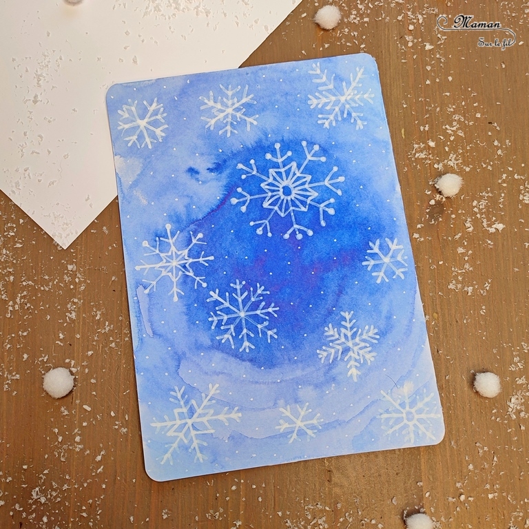 Activité créative et manuelle enfants -Tableaux hivernaux en dégradés de bleu, encre - Flocons et paysage enneigé - Nuit - Sapins, neige et lune - Dégradé en ligne et en cercle - Dessins et graphismes au Posca - Thème Hiver, Forêt, froid, neige - Arts visuels Maternelle et élémentaire - Technique de peinture - Créativité - Cycle 1 ou 2 - mslf