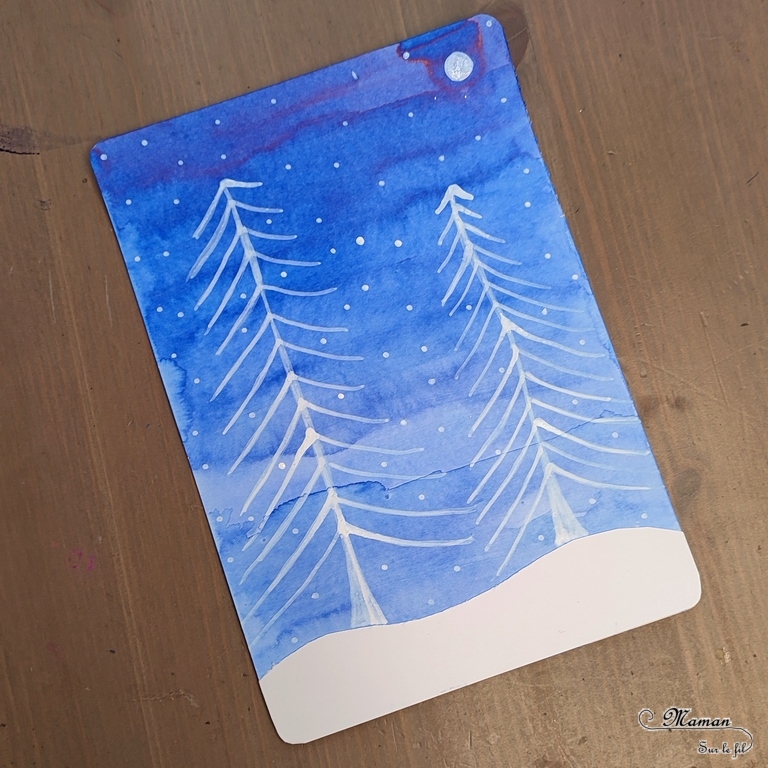 Activité créative et manuelle enfants -Tableaux hivernaux en dégradés de bleu, encre - Flocons et paysage enneigé - Nuit - Sapins, neige et lune - Dégradé en ligne et en cercle - Dessins et graphismes au Posca - Thème Hiver, Forêt, froid, neige - Arts visuels Maternelle et élémentaire - Technique de peinture - Créativité - Cycle 1 ou 2 - mslf