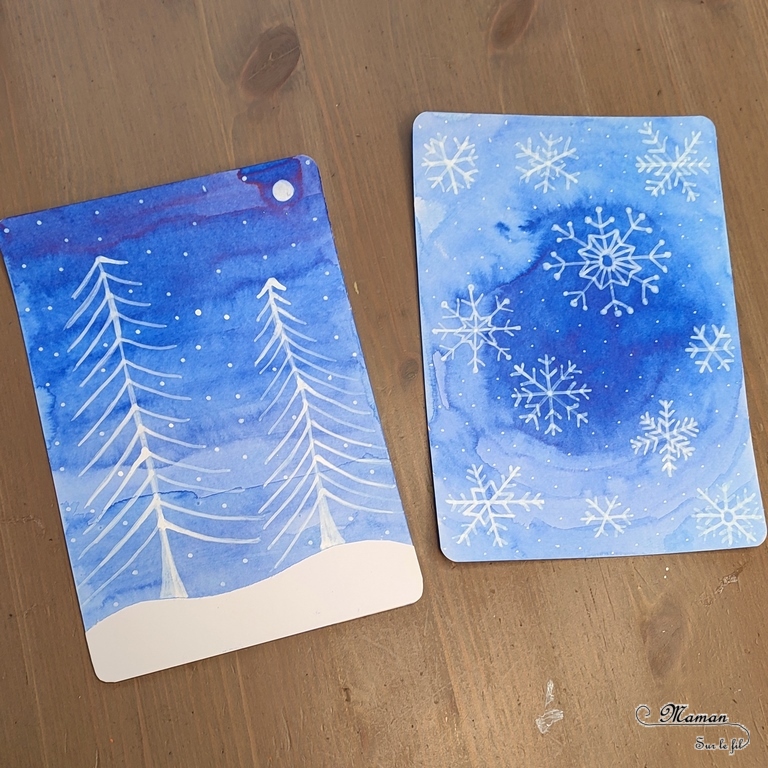 Activité créative et manuelle enfants -Tableaux hivernaux en dégradés de bleu, encre - Flocons et paysage enneigé - Nuit - Sapins, neige et lune - Dégradé en ligne et en cercle - Dessins et graphismes au Posca - Thème Hiver, Forêt, froid, neige - Arts visuels Maternelle et élémentaire - Technique de peinture - Créativité - Cycle 1 ou 2 - mslf