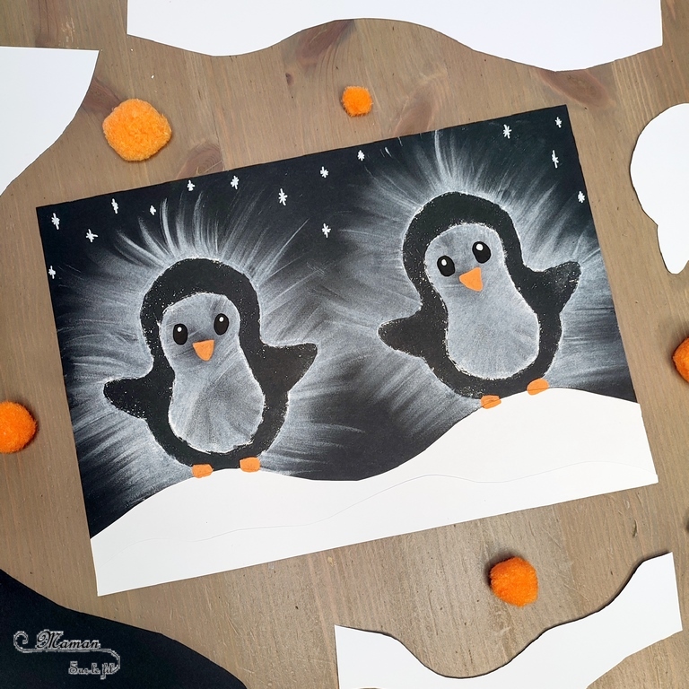 Activité créative et manuelle enfants -Créer des manchots ou pingouins au pastel étalé au doigt - Papier cartonné comme pochoir (extérieur et intérieur) - Sensoriel - Effet lumineux - Dessin et graphisme - Hiver, banquise, froid, neige, animaux du froid - Arts visuels Maternelle et élémentaire - Créativité - Cycle 1 ou 2 - mslf