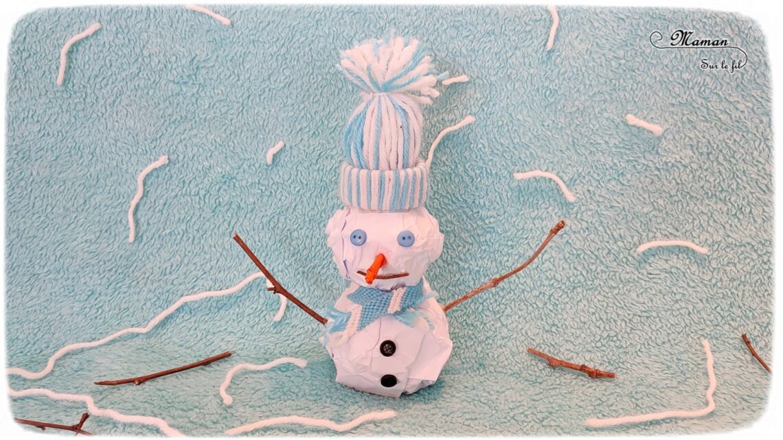 Activité créative et manuelle enfants -Fabriquer un bonhomme de neige avec des boules de papier froissé - Mini Bonnet et écharpe en laine - Bonnet en laine tissé sur rouleau papier toilette carton - Echarpe en bracelet brésilien - Bricolage 3D récup' - Brindilles, branches, boutons, collage -Hiver, banquise, froid, neige - Arts visuels Maternelle et élémentaire - Créativité - Cycle 1 ou 2 - mslf