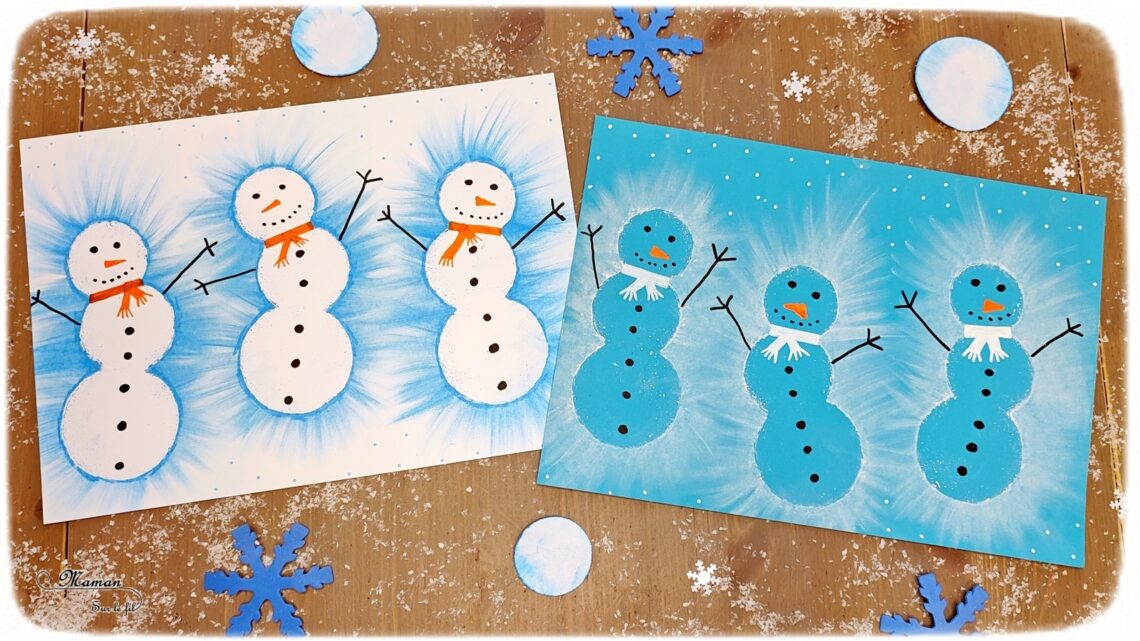 Activité créative et manuelle enfants -Créer des bonhommes de neige au pastel étalé au doigt - Forme créée avec plusieurs cercles de papier utilisés comme pochoir - Sensoriel - Effet lumineux - Dessin et graphisme - Hiver, banquise, froid, neige - Arts visuels Maternelle et élémentaire - Créativité - Cycle 1 ou 2 - mslf