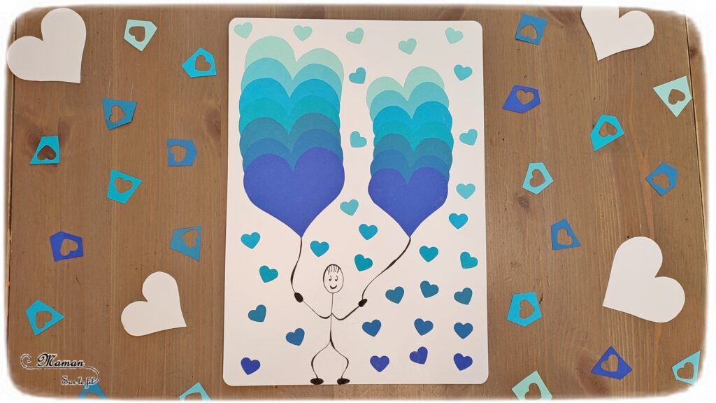 Activité créative et manuelle enfants -Des coeurs hivernaux en dégradé de bleus - Découpage et collage - Travail autour des couleurs et leurs nuances - Entre Saint-valentin, amour, froid et hiver - Dessin bonhomme - ballons - Perforatrice Cœurs - - Arts visuels Maternelle et élémentaire - Créativité - Cycle 1 ou 2 - mslf