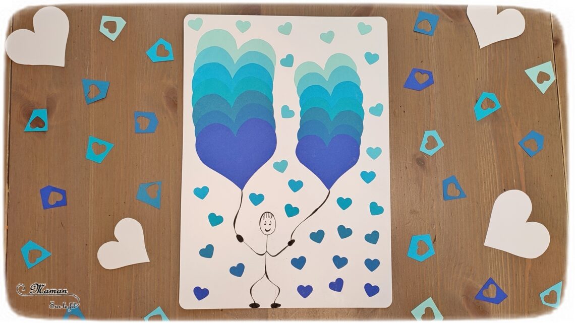 Activité créative et manuelle enfants -Des coeurs hivernaux en dégradé de bleus - Découpage et collage - Travail autour des couleurs et leurs nuances - Entre Saint-valentin, amour, froid et hiver - Dessin bonhomme - ballons - Perforatrice Cœurs - - Arts visuels Maternelle et élémentaire - Créativité - Cycle 1 ou 2 - mslf