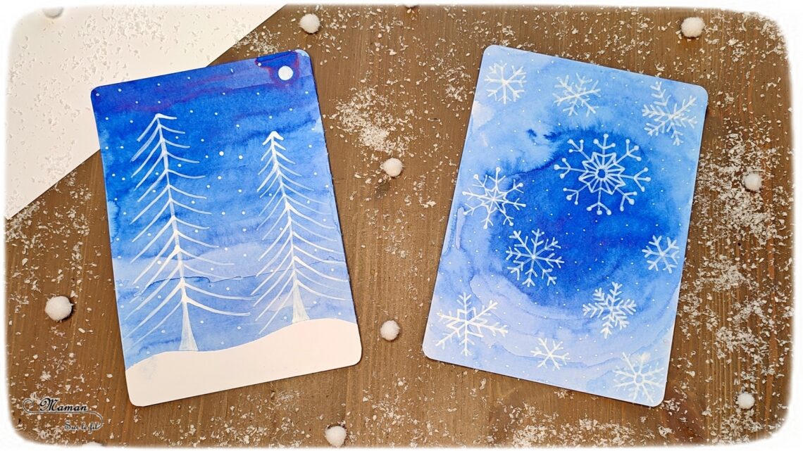 Activité créative et manuelle enfants -Tableaux hivernaux en dégradés de bleu, encre - Flocons et paysage enneigé - Nuit - Sapins, neige et lune - Dégradé en ligne et en cercle - Dessins et graphismes au Posca - Thème Hiver, Forêt, froid, neige - Arts visuels Maternelle et élémentaire - Technique de peinture - Créativité - Cycle 1 ou 2 - mslf