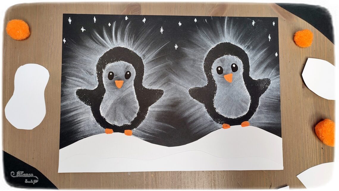 Activité créative et manuelle enfants -Créer des manchots ou pingouins au pastel étalé au doigt - Papier cartonné comme pochoir (extérieur et intérieur) - Sensoriel - Effet lumineux - Dessin et graphisme - Hiver, banquise, froid, neige, animaux du froid - Arts visuels Maternelle et élémentaire - Créativité - Cycle 1 ou 2 - mslf