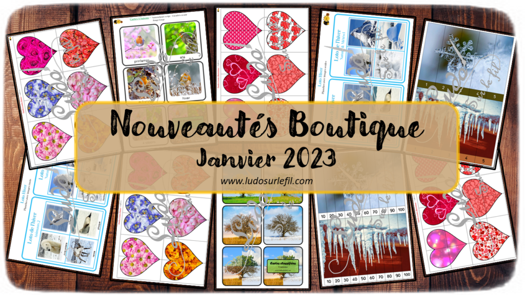 Nouveautés janvier 2023 - Boutique en ligne Ludo sur le fil - fichiers jeux pdf à télécharger et imprimer ou jeux imprimés envoyés à domicile - Hiver, 4 saisons, Saint-Valentin et coeurs - puzzles numériques, mise en paire, cartes Montessori, nomenclature, classifiées, loto combinable, jeux, activités - atelier autocorrectif multi niveaux donc progressif - Vocabulaire, lexique - Maternelle Cycle 2 - Autonomie - mslf