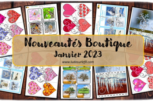 Nouveautés janvier 2023 - Boutique en ligne Ludo sur le fil - fichiers jeux pdf à télécharger et imprimer ou jeux imprimés envoyés à domicile - Hiver, 4 saisons, Saint-Valentin et coeurs - puzzles numériques, mise en paire, cartes Montessori, nomenclature, classifiées, loto combinable, jeux, activités - atelier autocorrectif multi niveaux donc progressif - Vocabulaire, lexique - Maternelle Cycle 2 - Autonomie - mslf