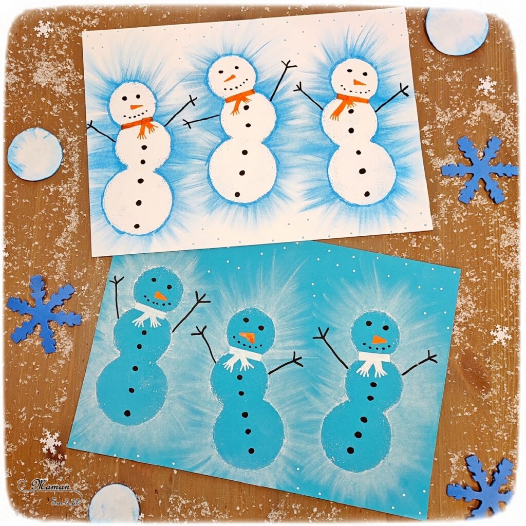 Activité créative et manuelle enfants -Créer des bonhommes de neige au pastel étalé au doigt - Forme créée avec plusieurs cercles de papier utilisés comme pochoir - Sensoriel - Effet lumineux - Dessin et graphisme - Hiver, banquise, froid, neige - Arts visuels Maternelle et élémentaire - Créativité - Cycle 1 ou 2 - mslf