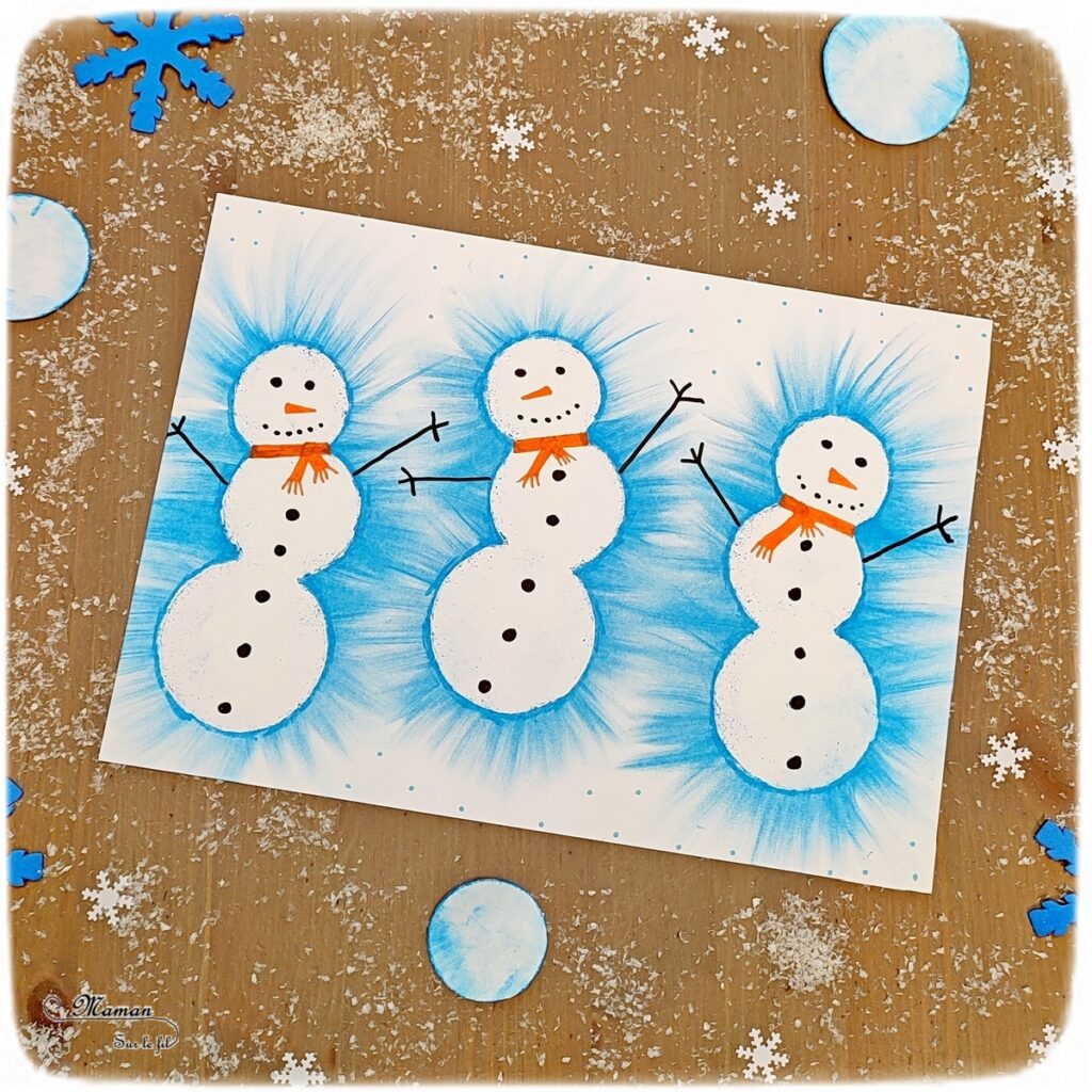 Activité créative et manuelle enfants -Créer des bonhommes de neige au pastel étalé au doigt - Forme créée avec plusieurs cercles de papier utilisés comme pochoir - Sensoriel - Effet lumineux - Dessin et graphisme - Hiver, banquise, froid, neige - Arts visuels Maternelle et élémentaire - Créativité - Cycle 1 ou 2 - mslf