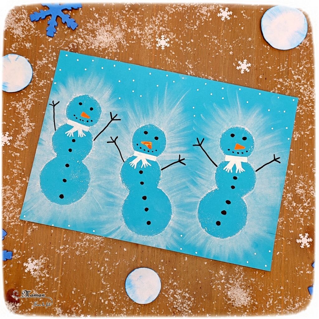 Activité créative et manuelle enfants -Créer des bonhommes de neige au pastel étalé au doigt - Forme créée avec plusieurs cercles de papier utilisés comme pochoir - Sensoriel - Effet lumineux - Dessin et graphisme - Hiver, banquise, froid, neige - Arts visuels Maternelle et élémentaire - Créativité - Cycle 1 ou 2 - mslf