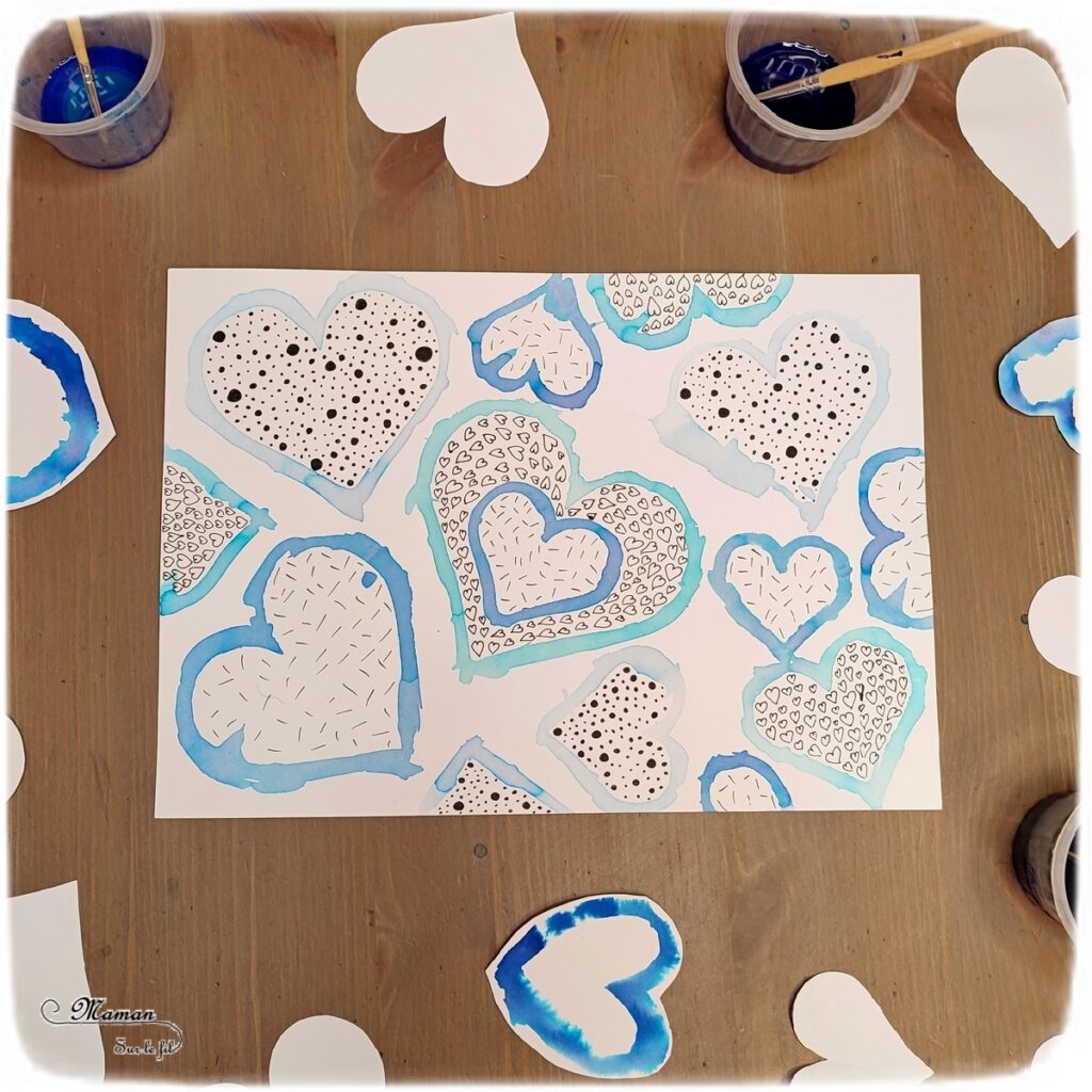 Activité créative et manuelle enfants -Des coeurs hivernaux avec technique Encre et Eau - Cœurs comme pochoirs - Rendu aquarelle - Graphismes et zen art pour habiller le tout - art thérapie - couleurs Hiver et Saint-valentin - Dessin et graphisme - Thème Hiver, banquise, Saint valentin, amour - Arts visuels Maternelle et élémentaire - Créativité - Cycle 1 ou 2 - mslf