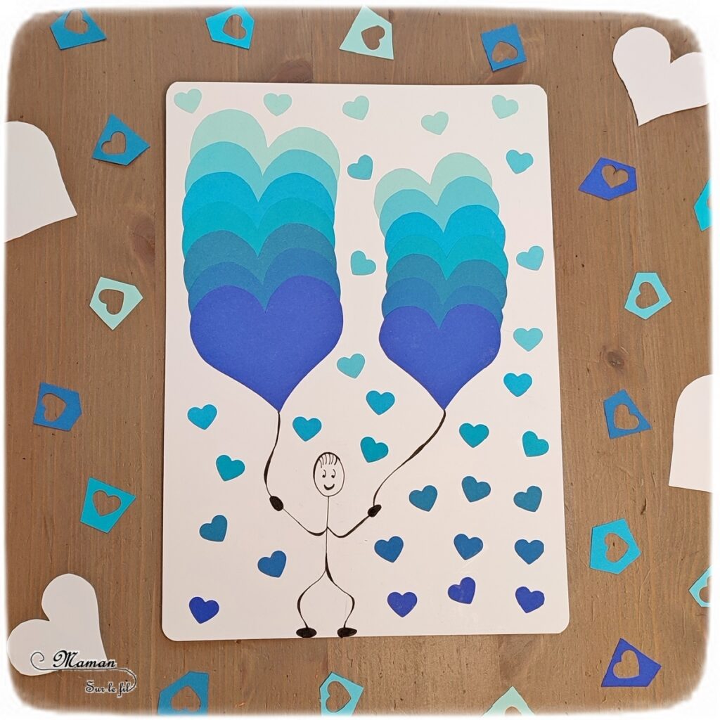 Activité créative et manuelle enfants -Des coeurs hivernaux en dégradé de bleus - Découpage et collage - Travail autour des couleurs et leurs nuances - Entre Saint-valentin, amour, froid et hiver - Dessin bonhomme - ballons - Perforatrice Cœurs - - Arts visuels Maternelle et élémentaire - Créativité - Cycle 1 ou 2 - mslf