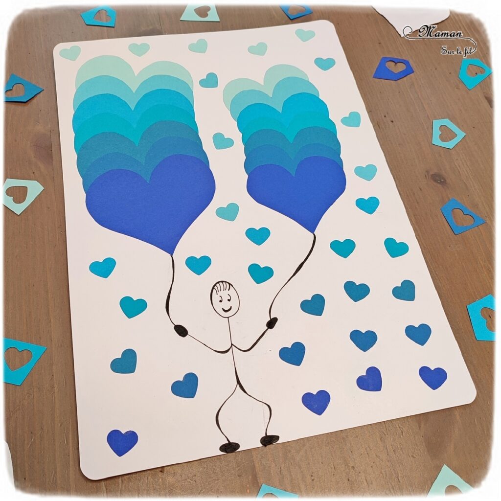 Activité créative et manuelle enfants -Des coeurs hivernaux en dégradé de bleus - Découpage et collage - Travail autour des couleurs et leurs nuances - Entre Saint-valentin, amour, froid et hiver - Dessin bonhomme - ballons - Perforatrice Cœurs - - Arts visuels Maternelle et élémentaire - Créativité - Cycle 1 ou 2 - mslf