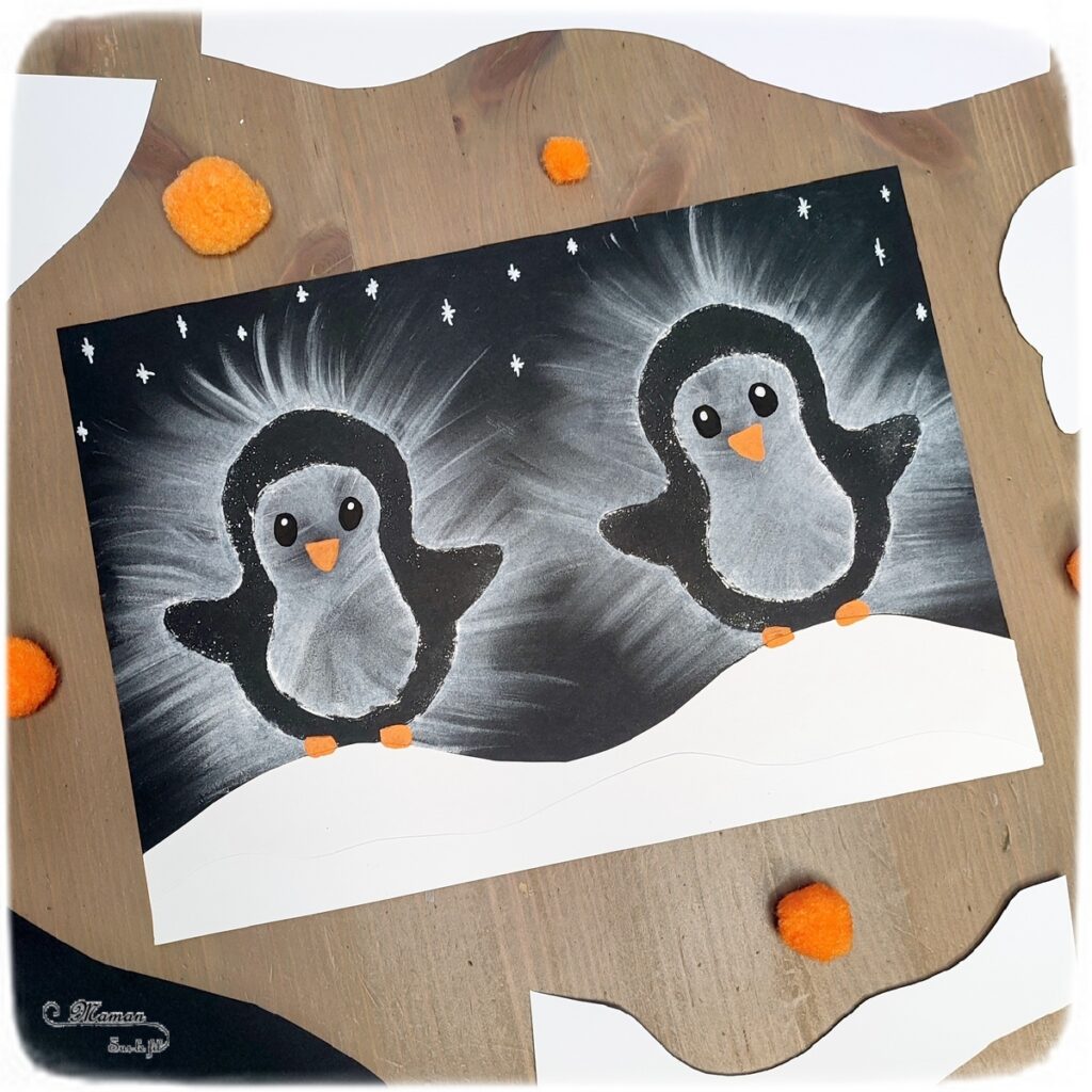 Activité créative et manuelle enfants -Créer des manchots ou pingouins au pastel étalé au doigt - Papier cartonné comme pochoir (extérieur et intérieur) - Sensoriel - Effet lumineux - Dessin et graphisme - Hiver, banquise, froid, neige, animaux du froid - Arts visuels Maternelle et élémentaire - Créativité - Cycle 1 ou 2 - mslf