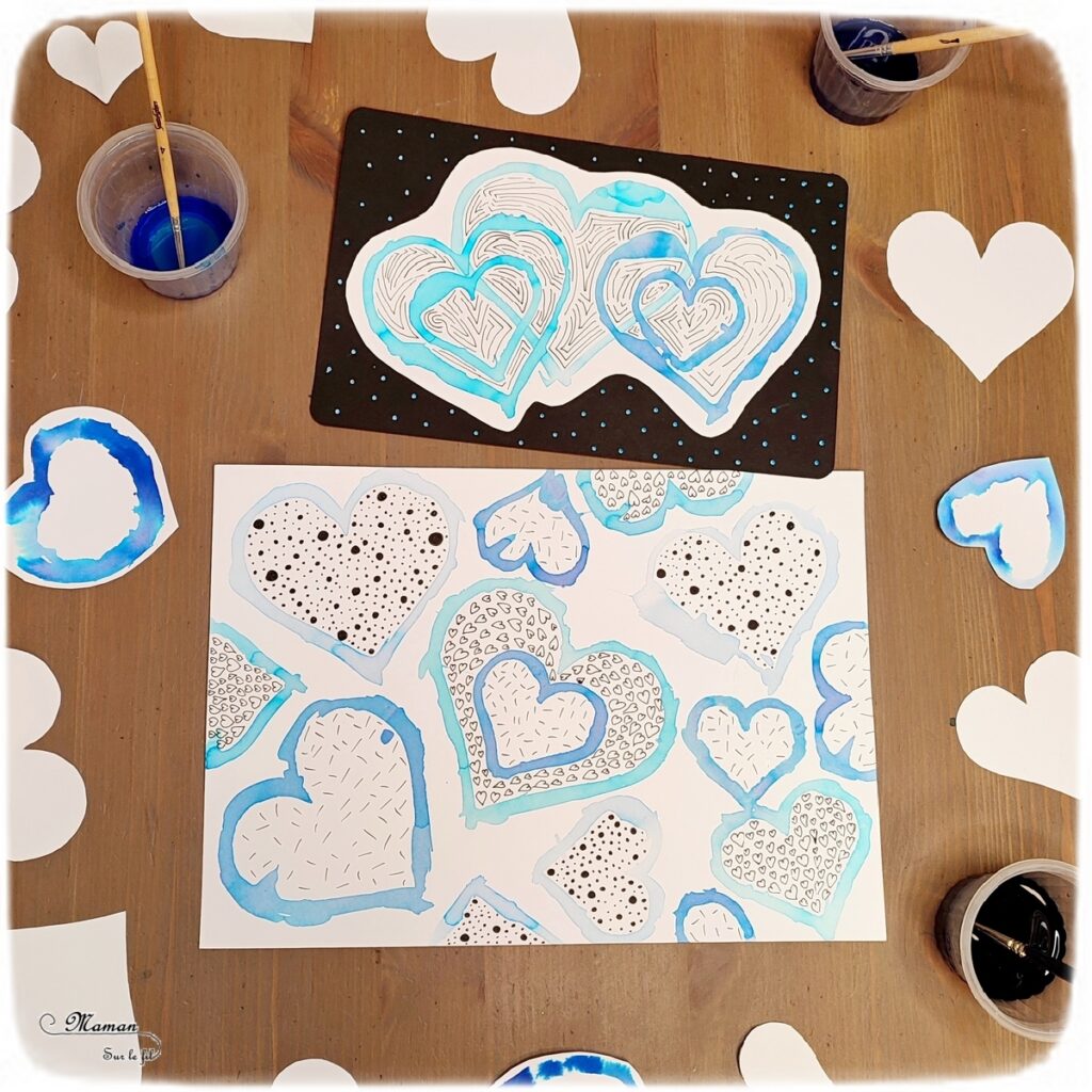 Activité créative et manuelle enfants -Des coeurs hivernaux avec technique Encre et Eau - Cœurs comme pochoirs - Rendu aquarelle - Graphismes et zen art pour habiller le tout - art thérapie - couleurs Hiver et Saint-valentin - Dessin et graphisme - Thème Hiver, banquise, Saint valentin, amour - Arts visuels Maternelle et élémentaire - Créativité - Cycle 1 ou 2 - mslf